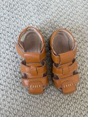Kids Tan Leather Hook-and-Loop Sandals